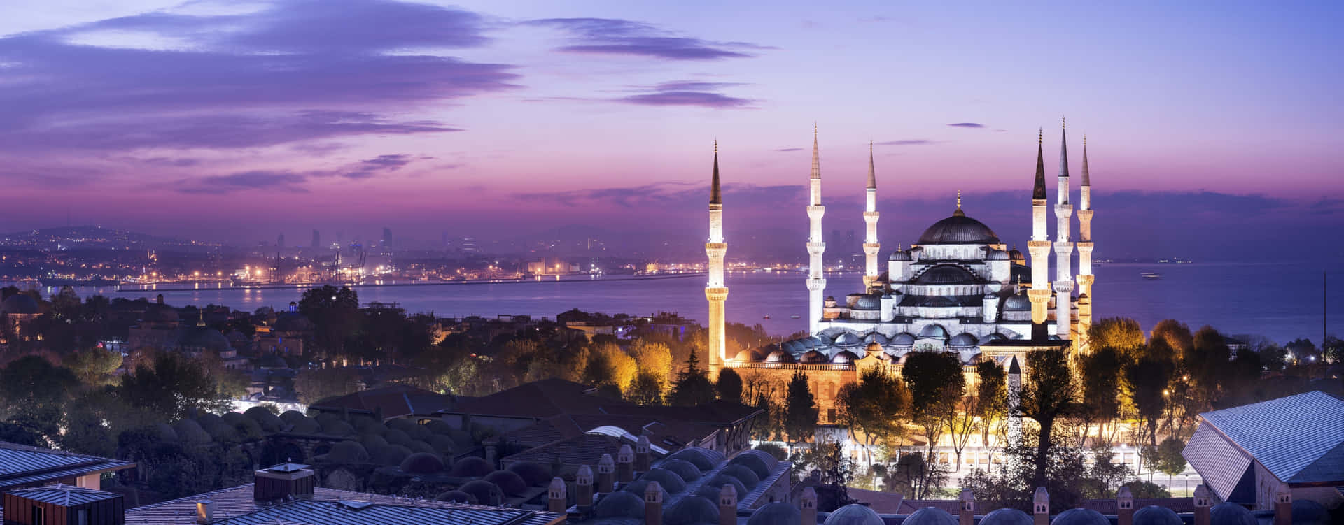 Purple Sky Blue Mosque Panoramic View Wallpaper
