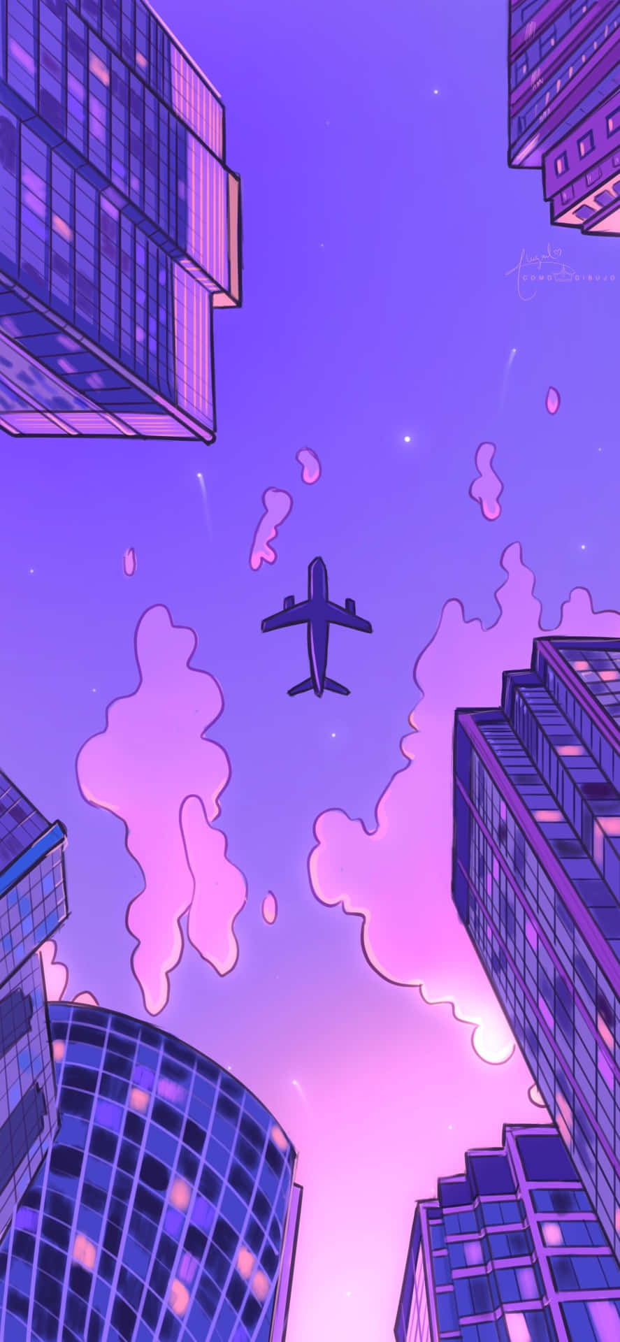 Purple_ Skyline_ Airplane_ Illustration Wallpaper