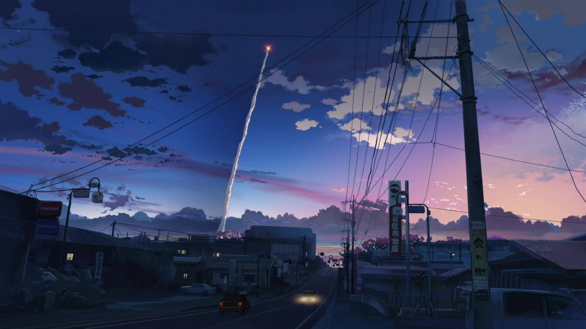 Purple Skyline In Japanese Anime City Wallpaper