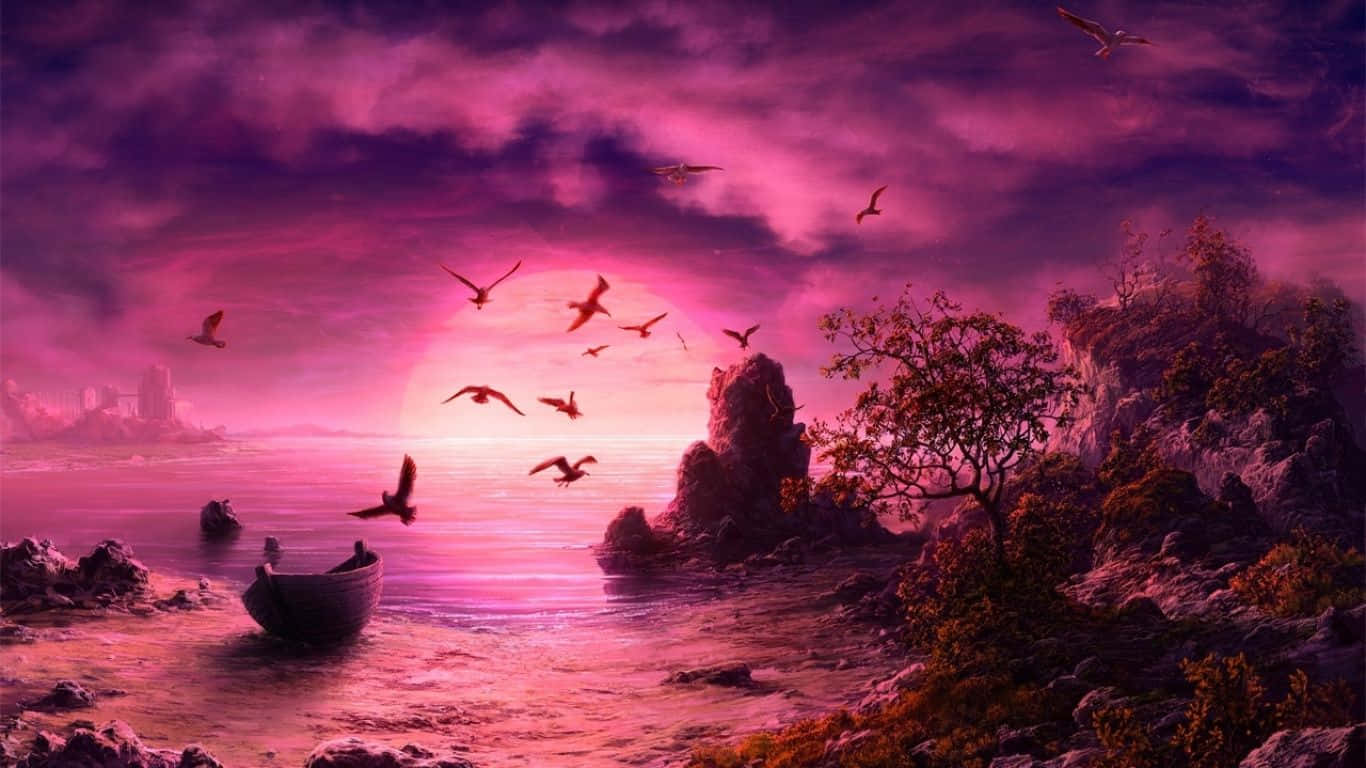 Puestade Sol Majestuosa De Color Púrpura Sobre Aguas Tranquilas. Fondo de pantalla