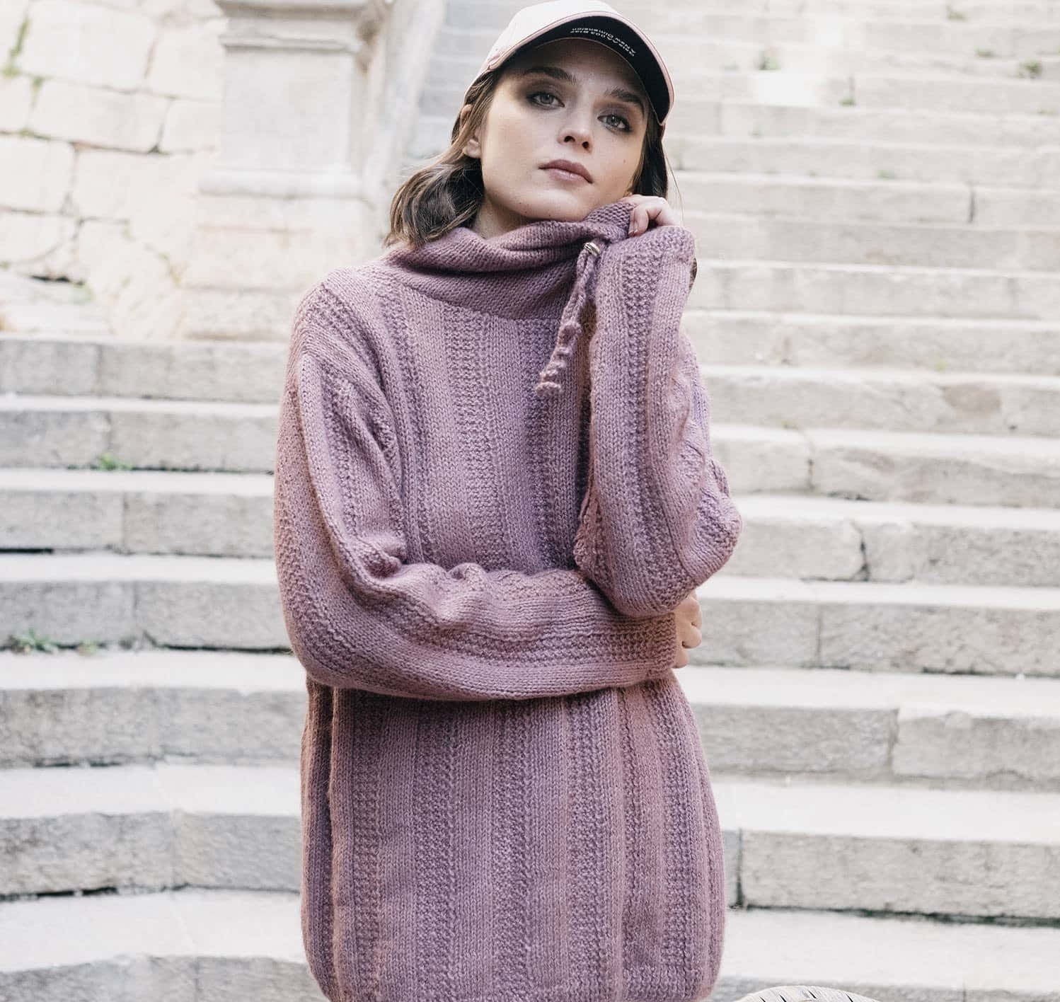 A cozy and stylish purple turtle-neck sweater perfect for the winter season. Wallpaper