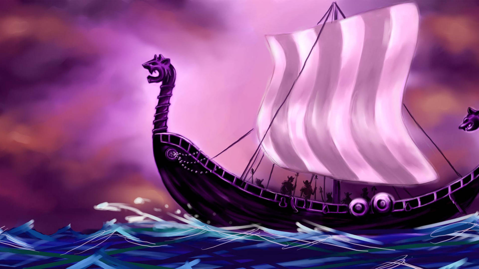 Purple Viking Ship Art Wallpaper