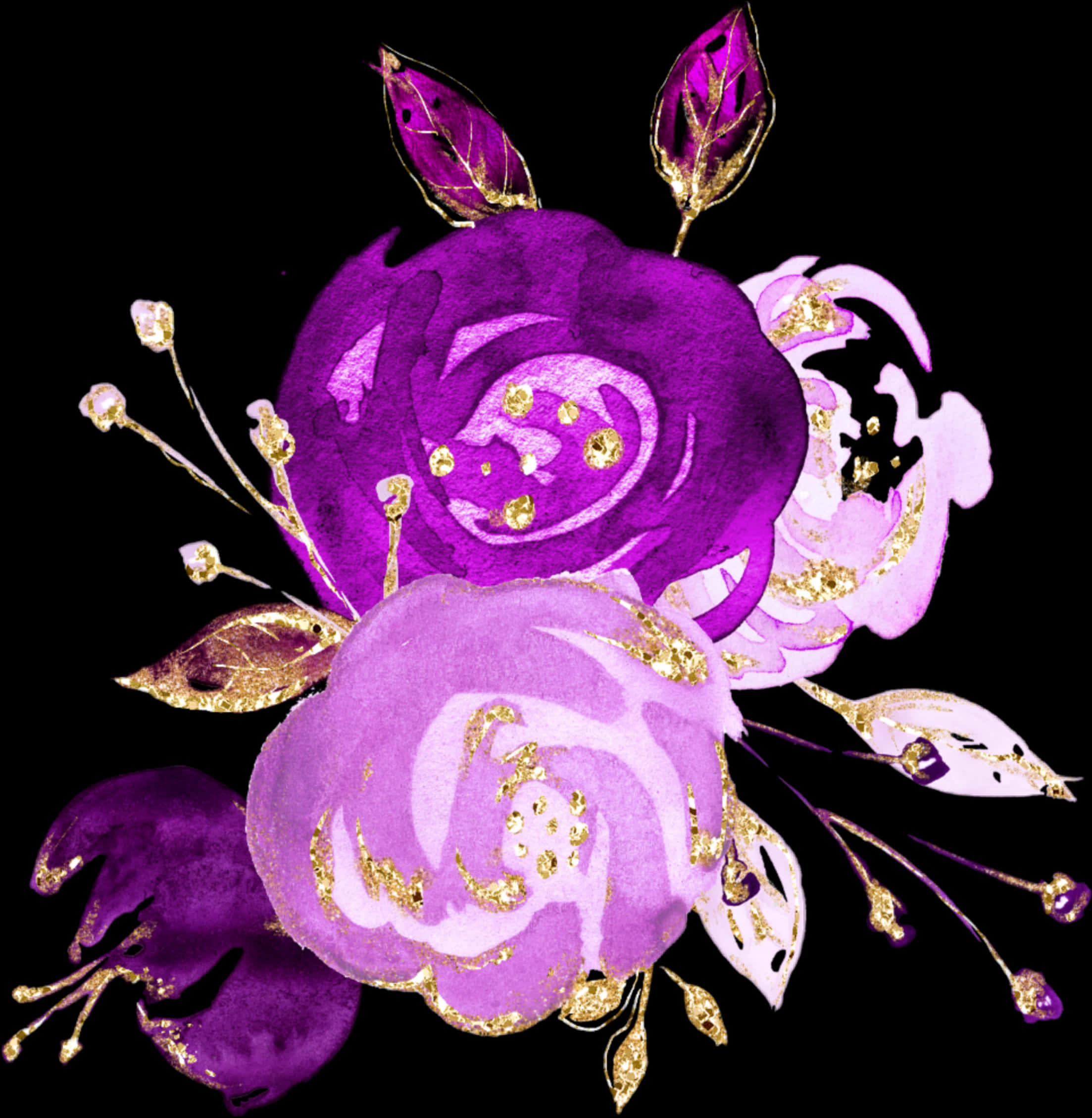 Purple_ Gold_ Watercolor_ Flowers_ Artwork PNG