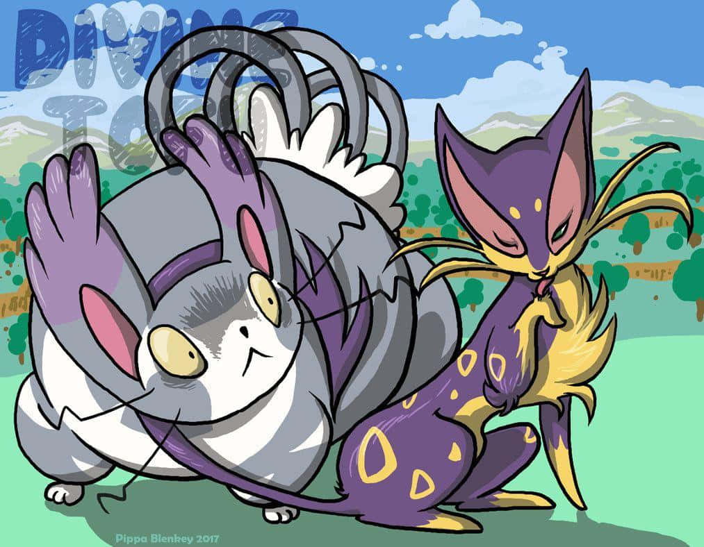 Purugly and Liepard Sneaking Through the Grass Wallpaper