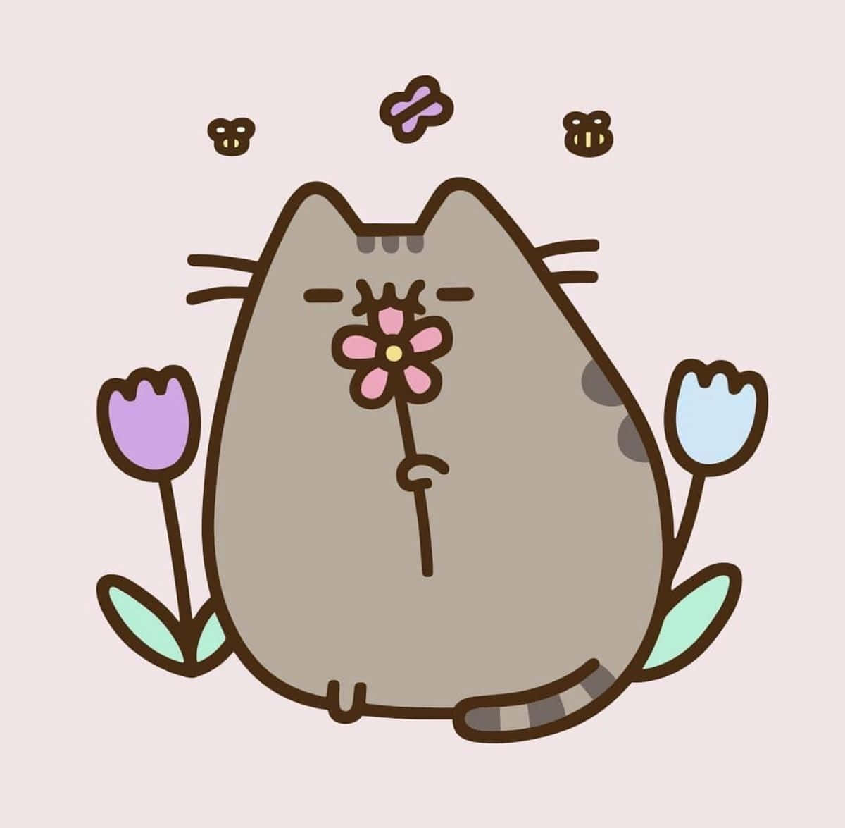 Pusheen in a peaceful garden, taking her time to relax