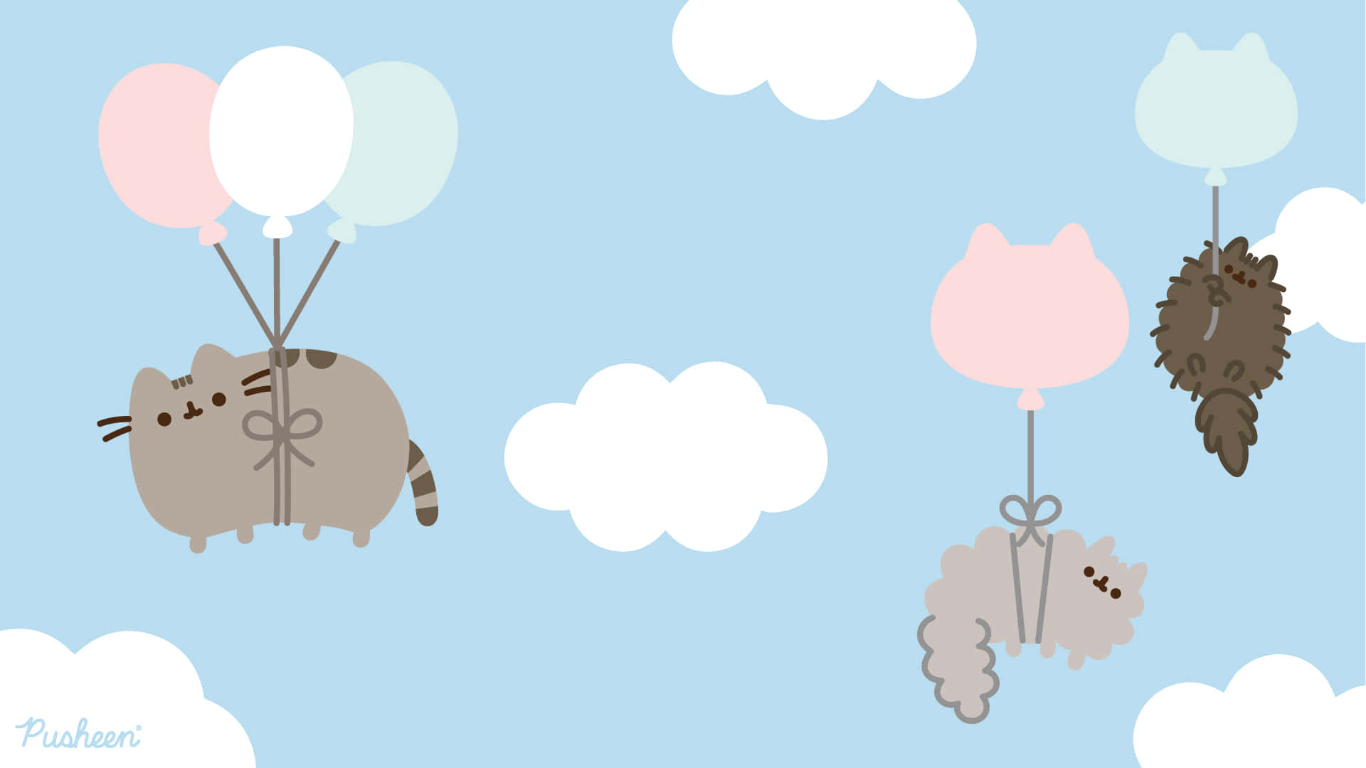 Pusheenkatze Fliegt Mit Luftballons Am Himmel. Wallpaper