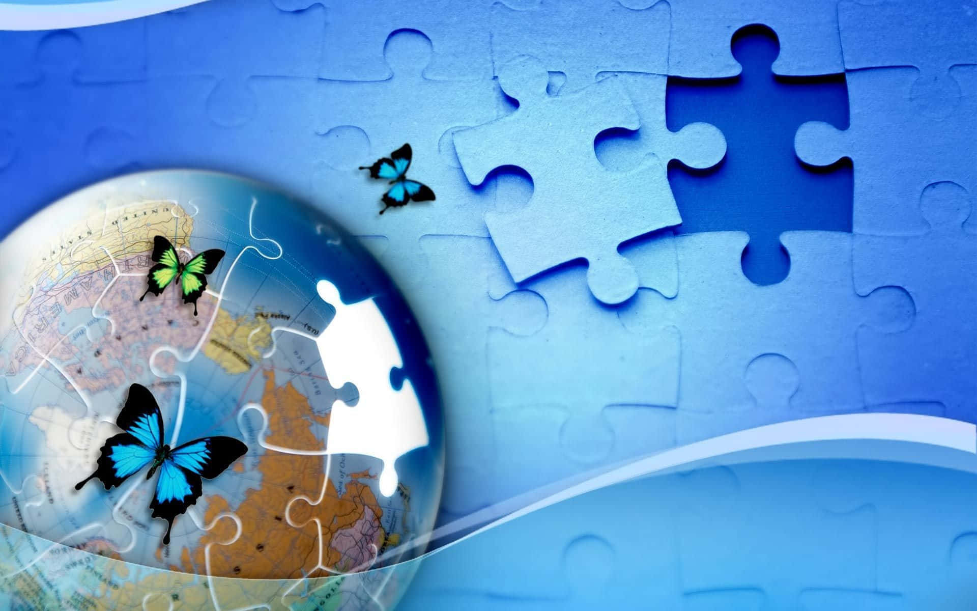 A Blue Globe With Puzzle Pieces And Butterflies