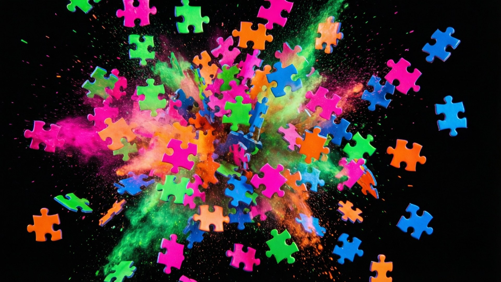 Pezzi di puzzle colorati che esplodono in un'esplosione vibrante su sfondo nero.