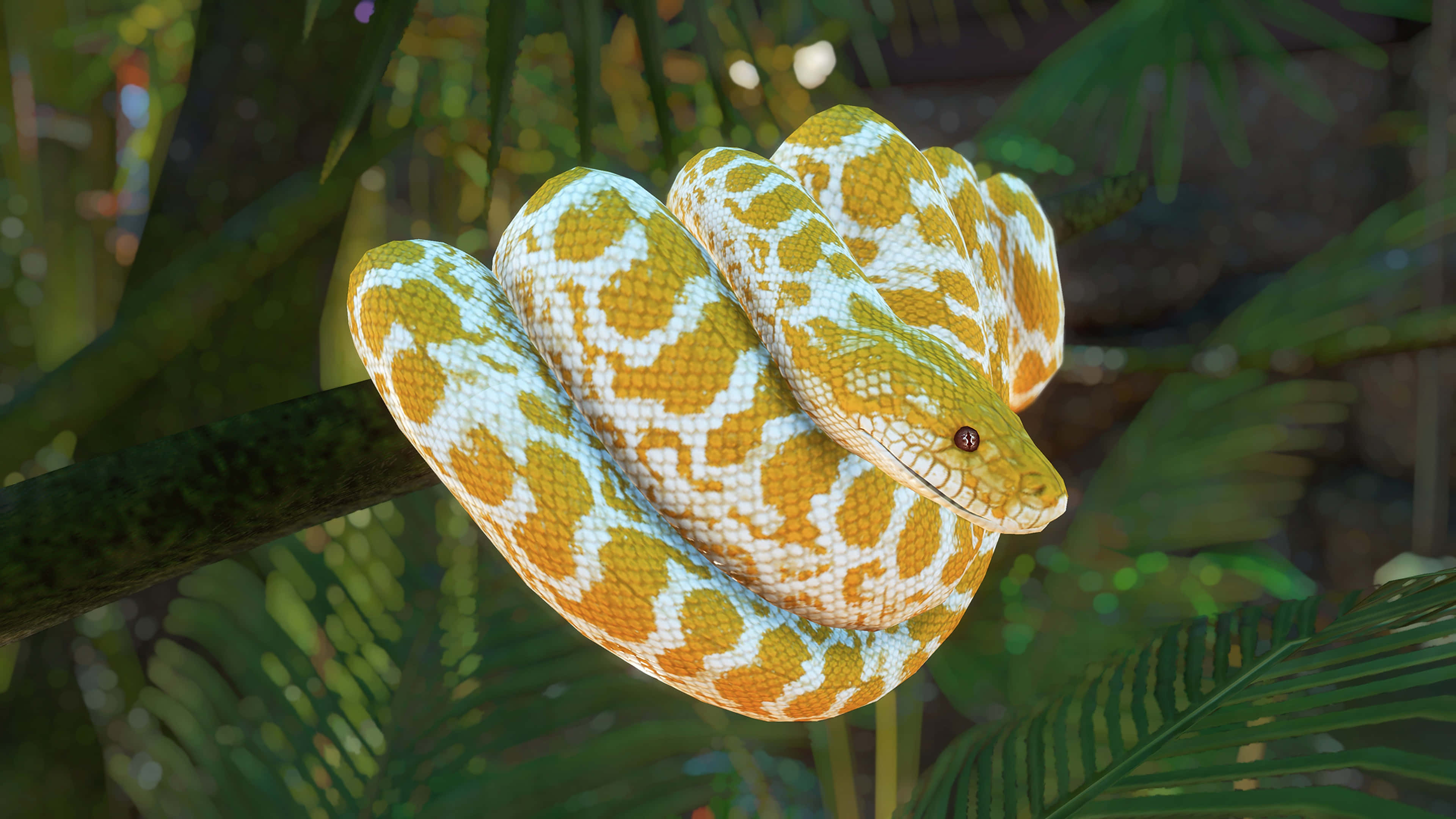 Explore Python - Become A Coding Pro Wallpaper — A vibrant yellow and white patterned snake coils gracefully around a branch amidst lush green jungle foliage.