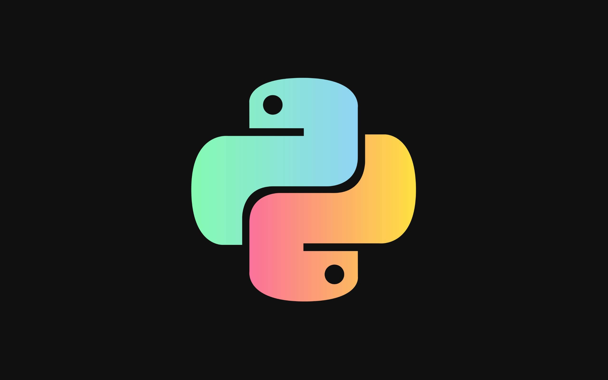 Python Programming Language Wallpaper — A vibrant gradient python logo with teal pink and yellow hues set against a solid black background.
