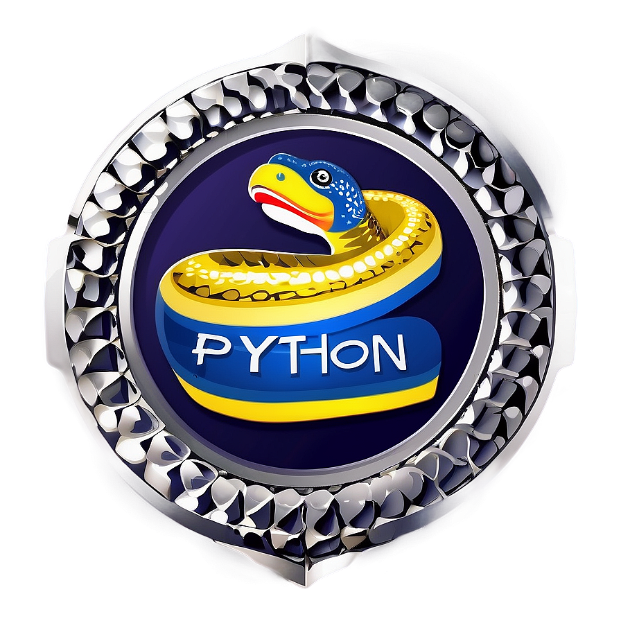 Python Programming Badge Logo PNG 93 PNG — A glossy 3D Python logo with a coiled yellow snake on a blue shield encircled by a metallic textured border.