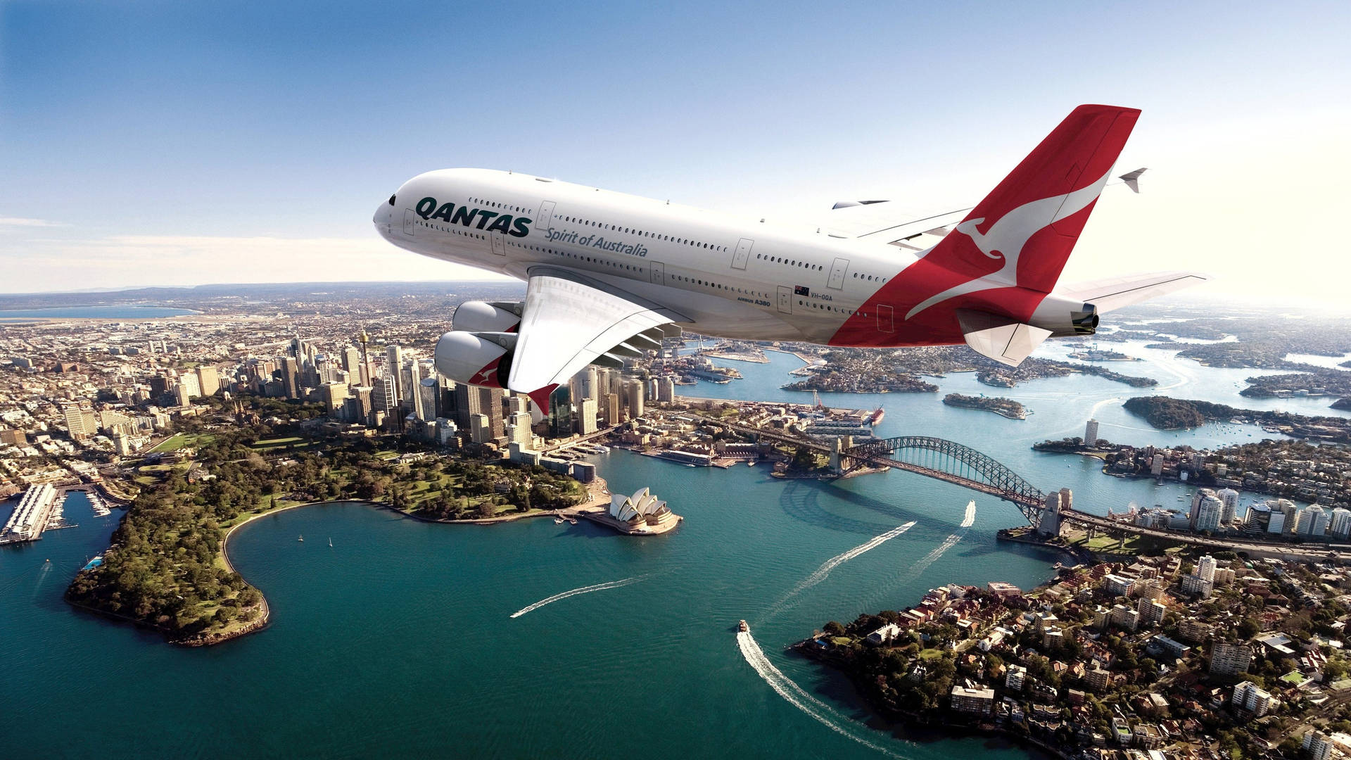 Aviónde Qantas Volando Sobre Sídney, Australia. Fondo de pantalla
