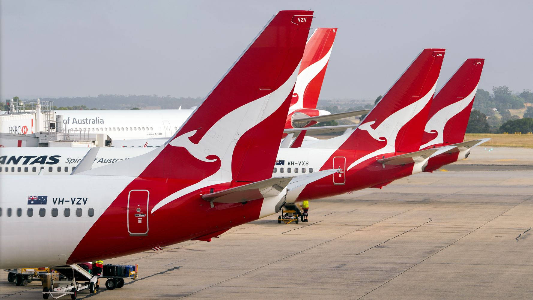 Qantas flyenes røde haler flyver op mod himlen. Wallpaper
