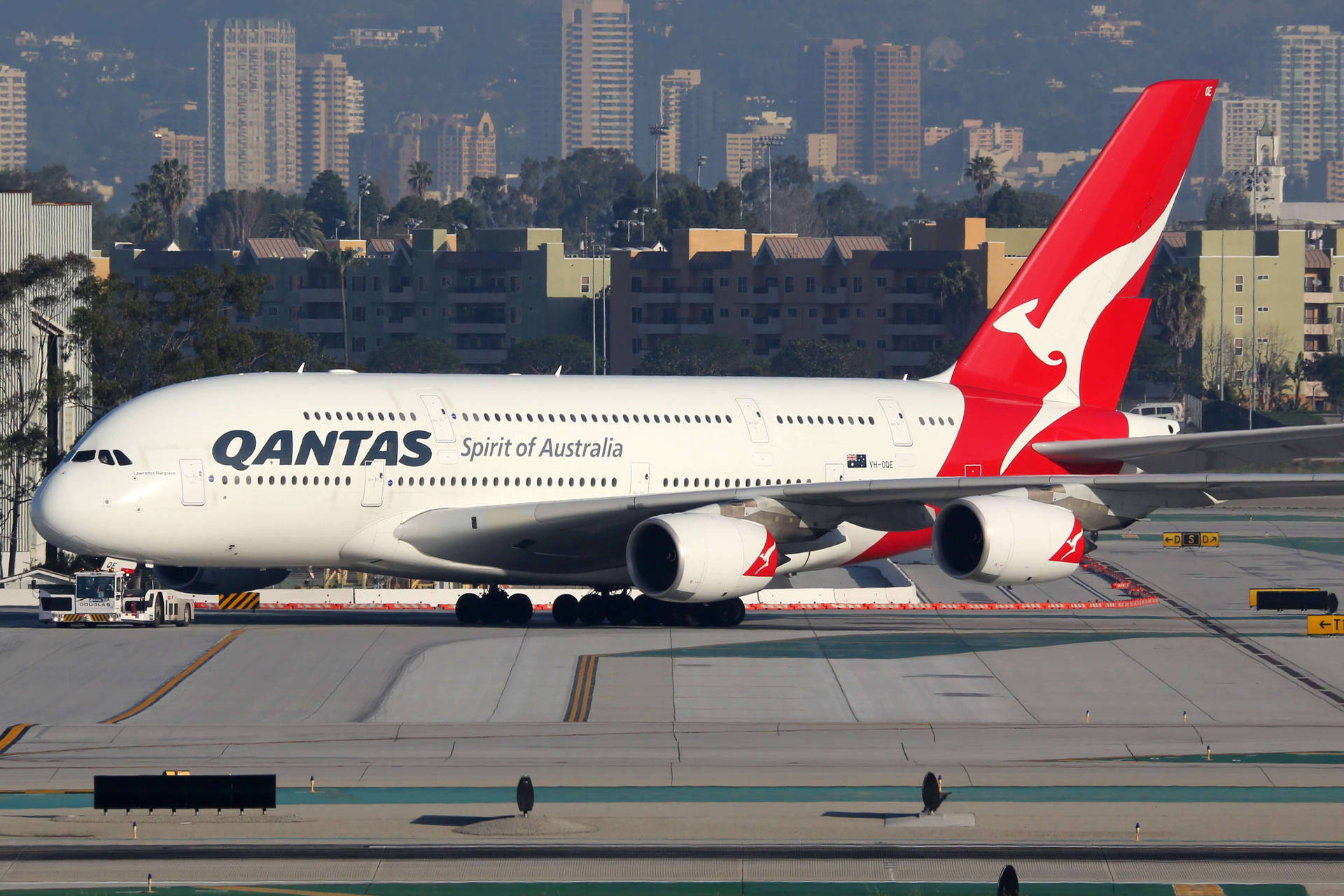 Qantas Big Airbus A380 On Airport Ground Wallpaper