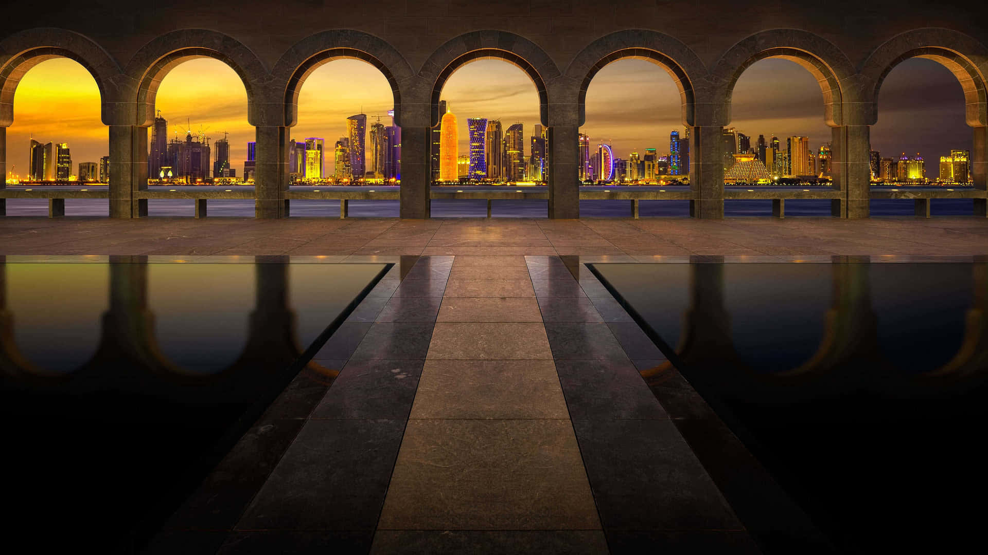 Etfantastisk Panorama Af Doha, Qatar Langs Det Arabiske Hav.