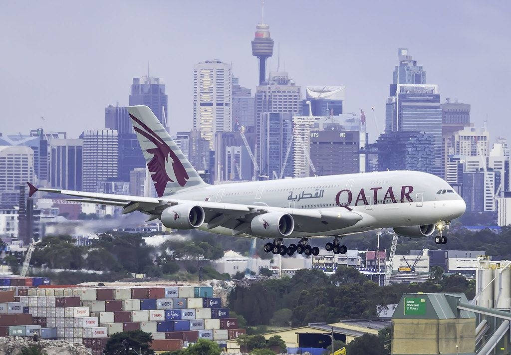 Qatar Airways With A City Landscape Backdrop Wallpaper