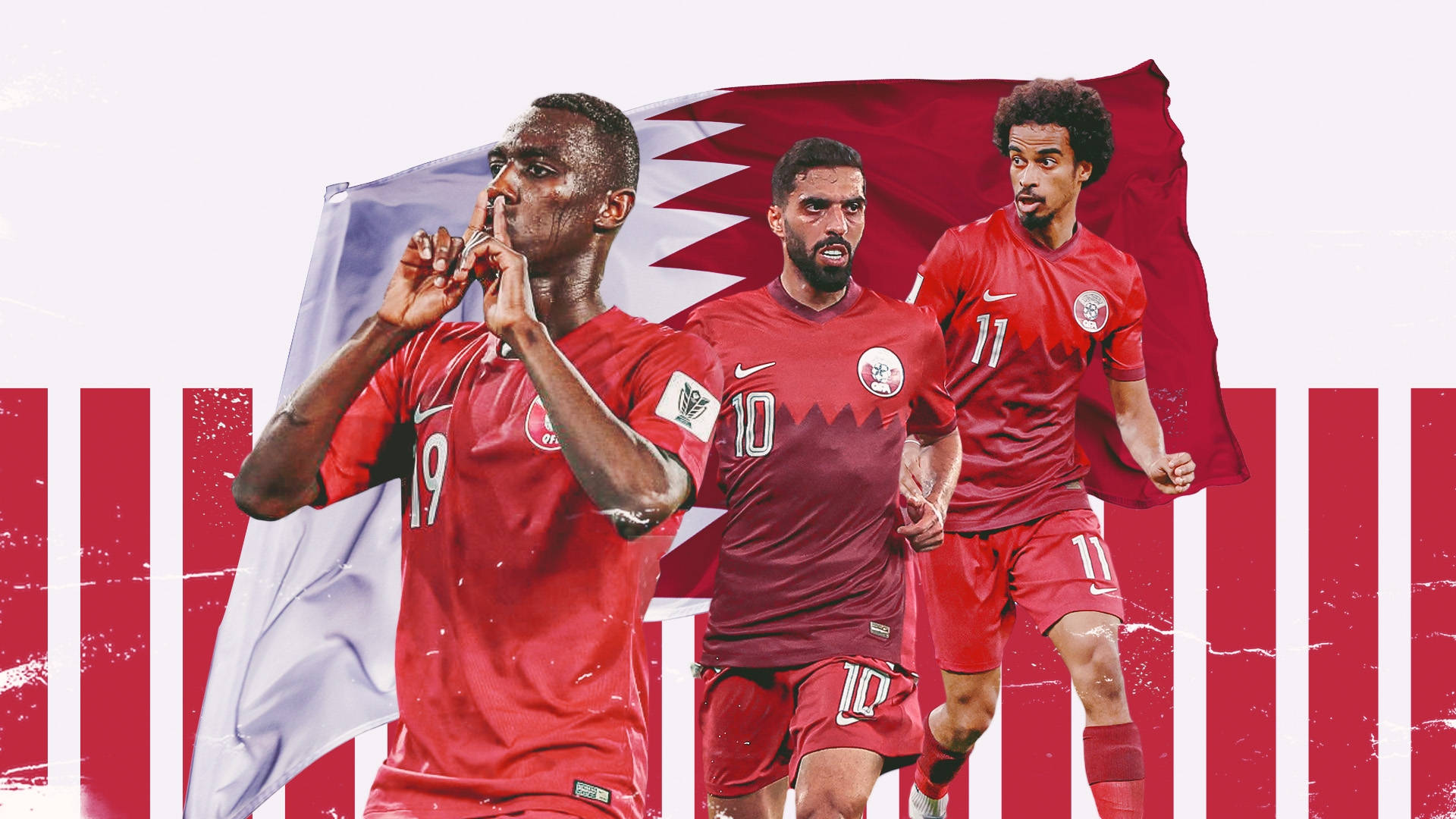 Qatar National Football Team With Qatar Flag Background