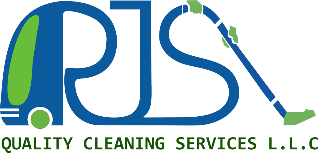 Quality Cleaning Services Logo PNG — Blue and green stylized logo shaped like a vacuum cleaner forming the letters PJS with text below.
