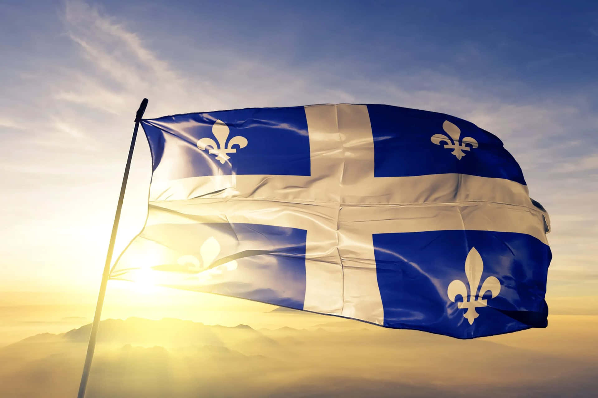 Quebec Fleurdelis Vlag Zonsondergang Achtergrond