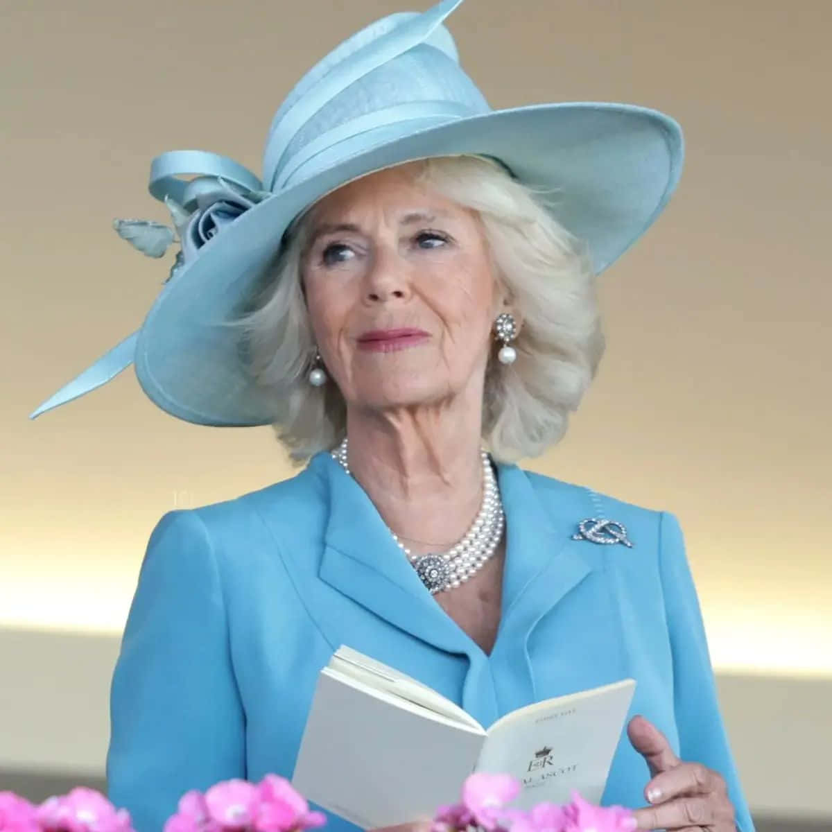 Dronning Camilla med skrånende hat og briller Wallpaper