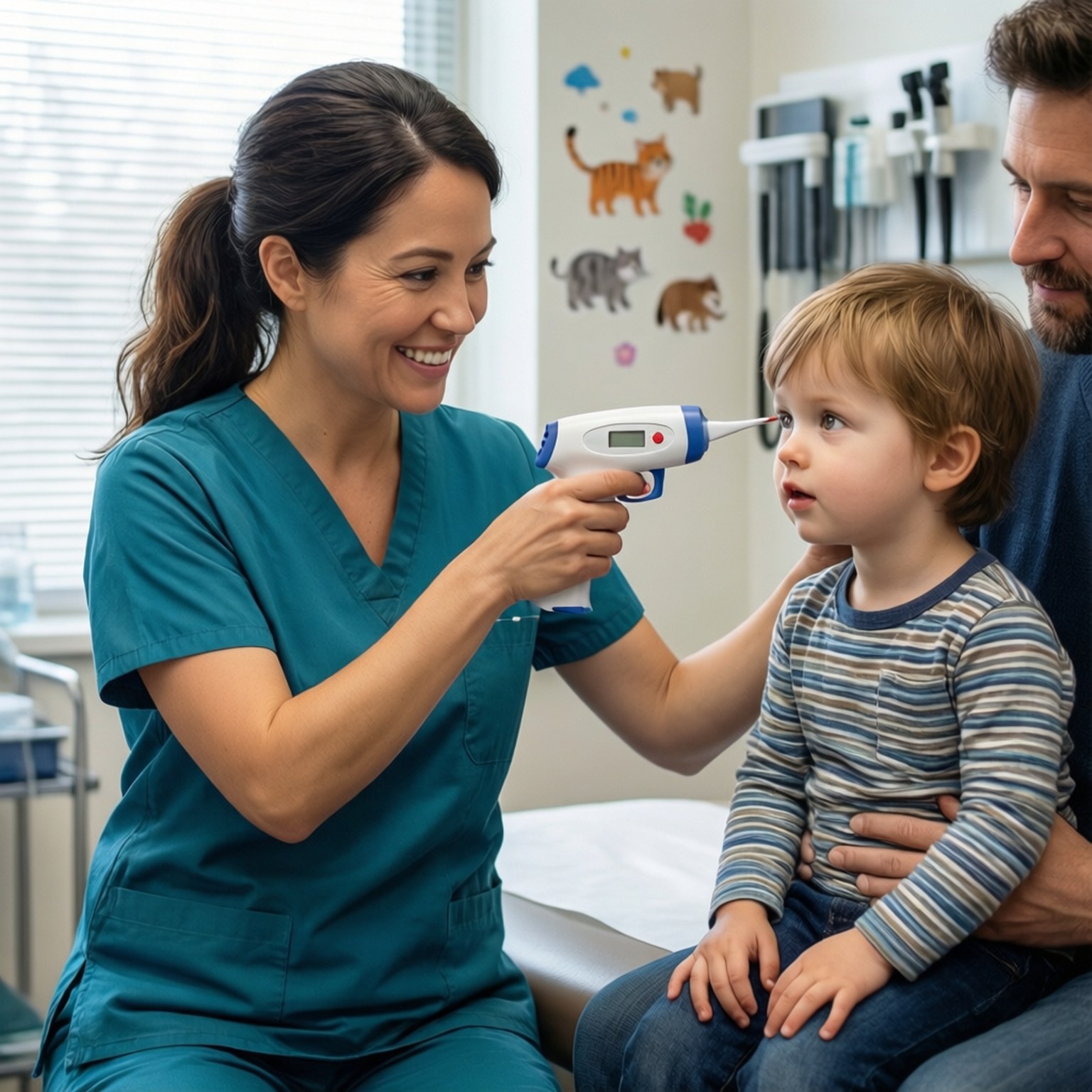 A pediatric nurse uses a no-touch thermometer to check a child's temperature in a friendly exam room.