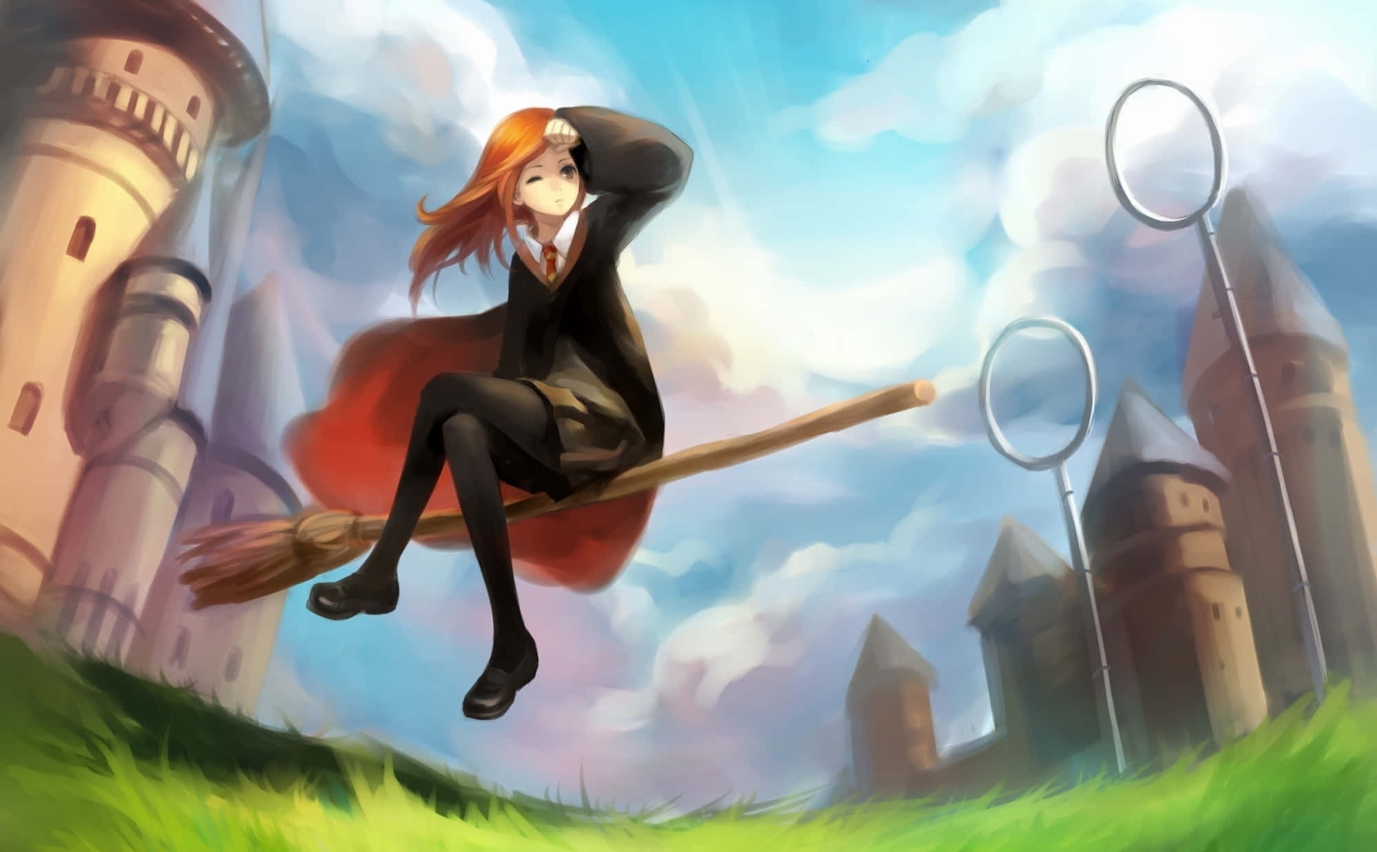 Harry Potter and the school of Hogwarts play out the magical sport of Quidditch Wallpaper