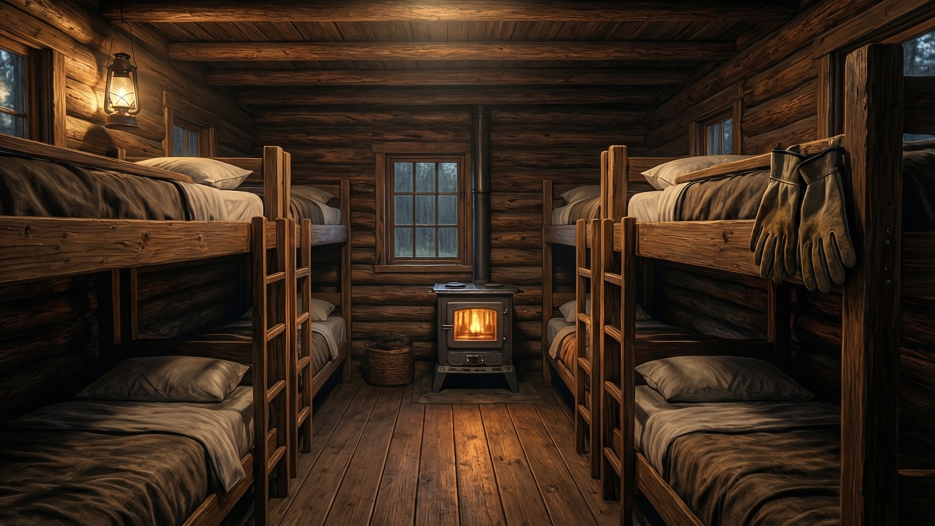 Det tomma sovhuset där rancharbetarna sover, upplyst av varmt lyktsken.