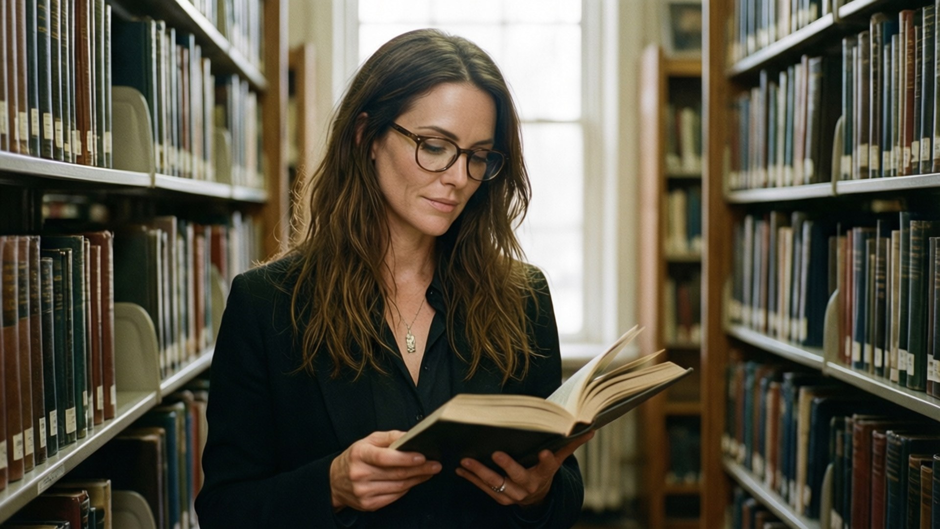 Vrouw met bril leest een boek in een stille bibliotheekgang.