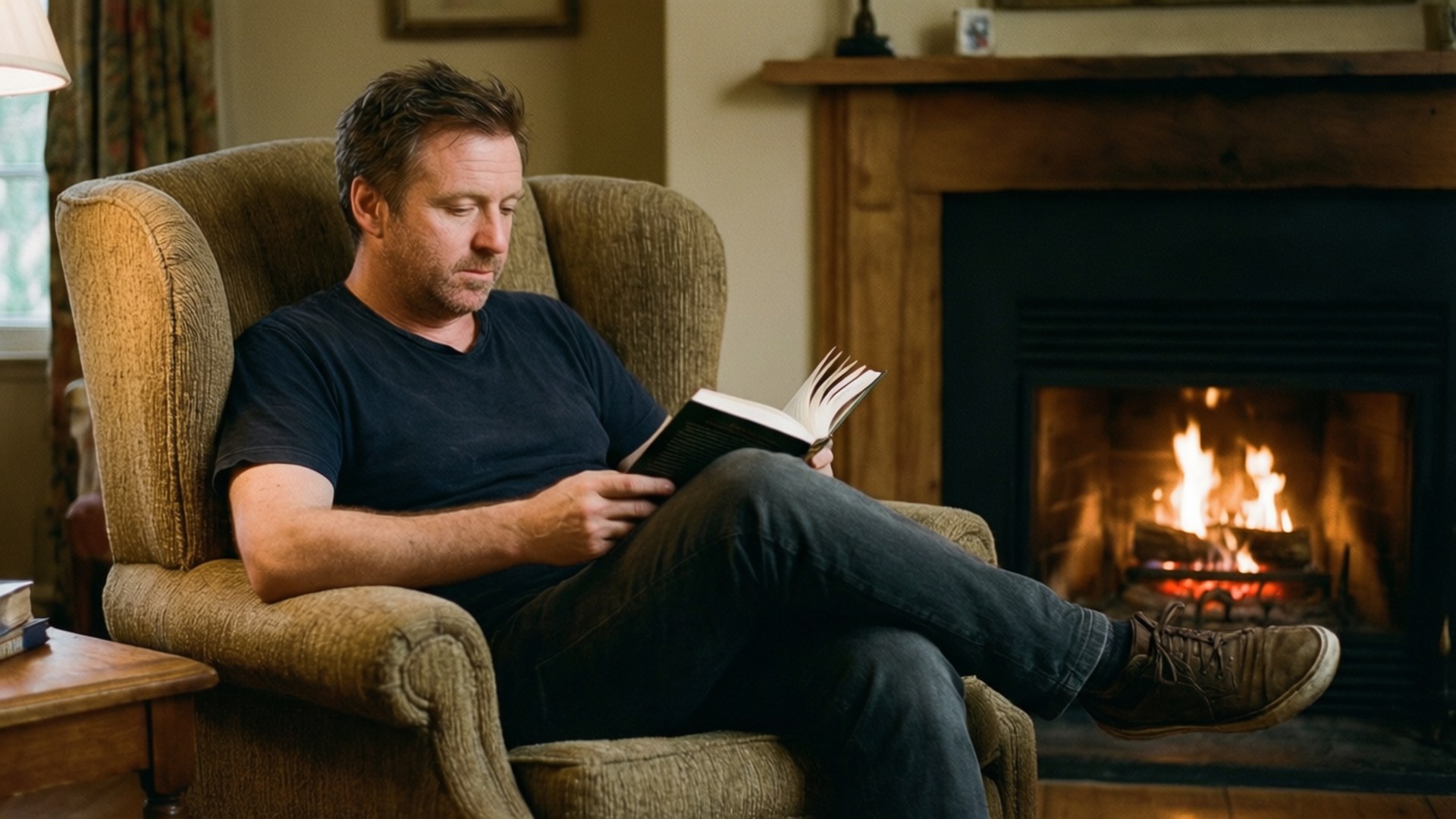 A cozy wallpaper of Ricky Gervais relaxing by a fireplace reading a book.