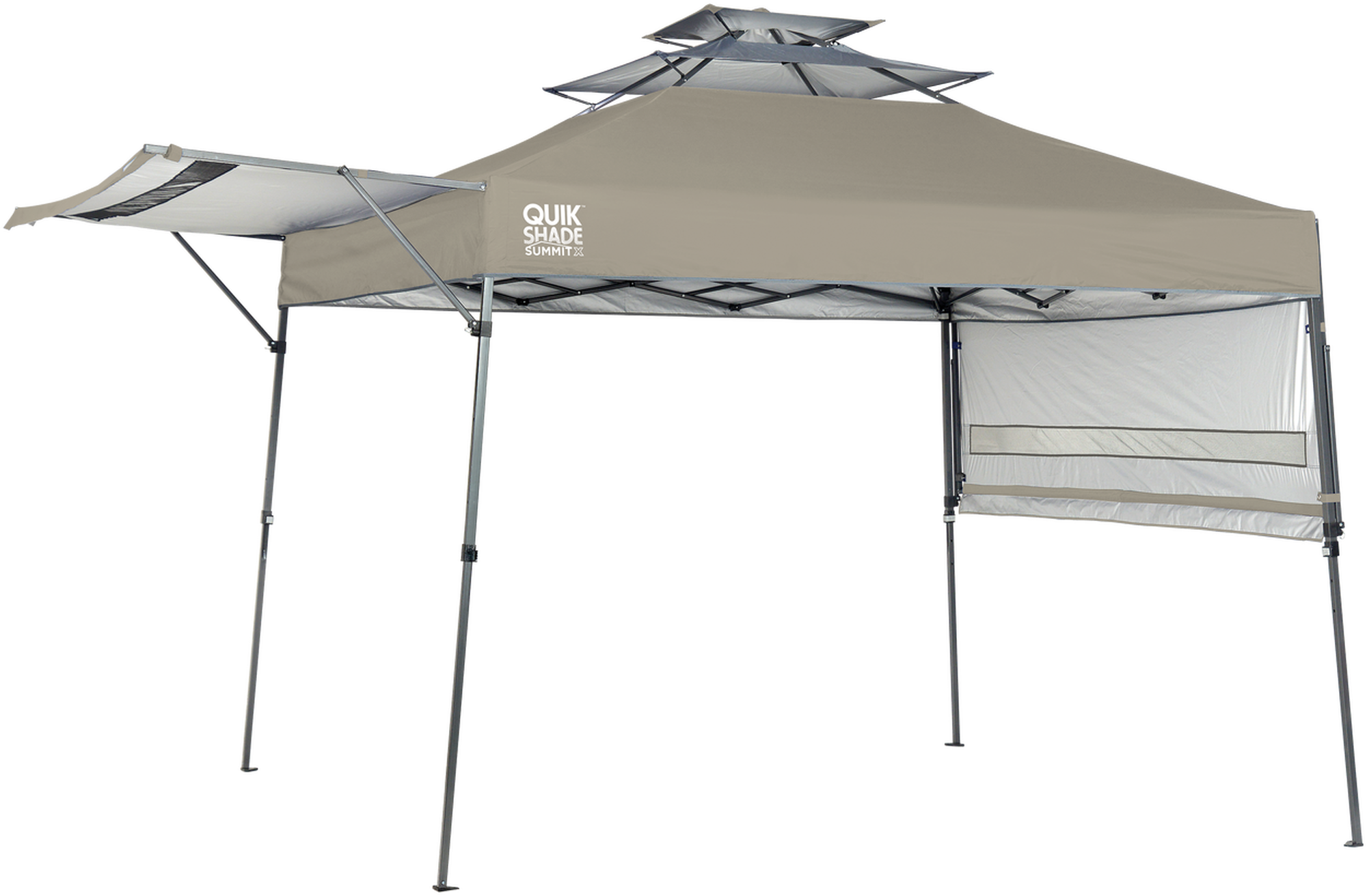Quik Shade Summit Canopy PNG — A beige pop-up canopy tent with side walls and a peaked roof stands isolated against a black background.