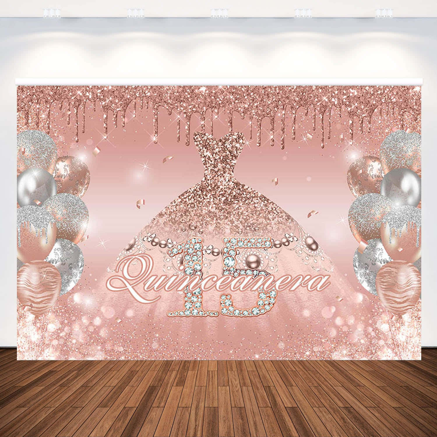 A Pink And Silver Quinceanera Party Backdrop With Balloons