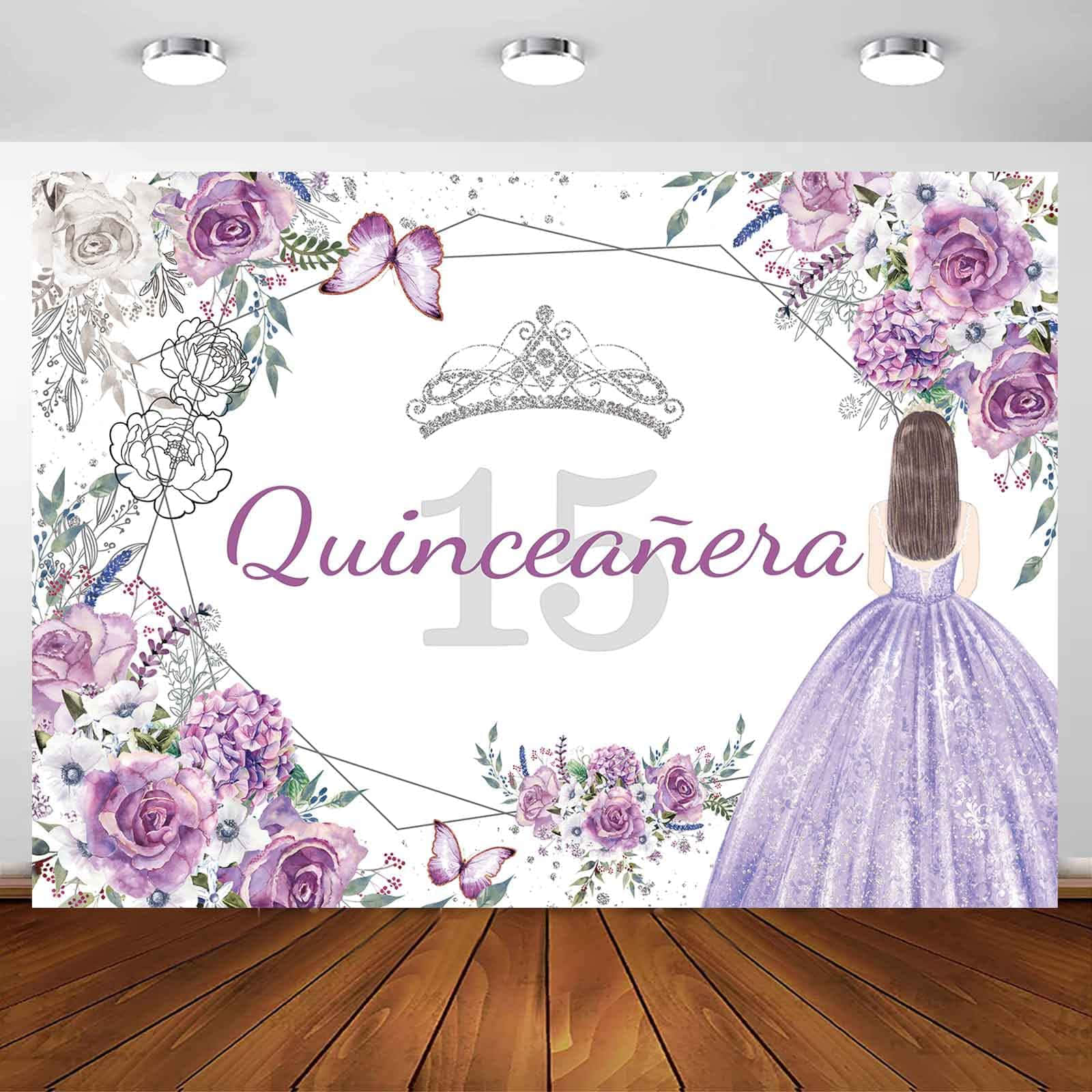 Quinceanera Party Backdrop With Purple Flowers And A Girl In A Dress