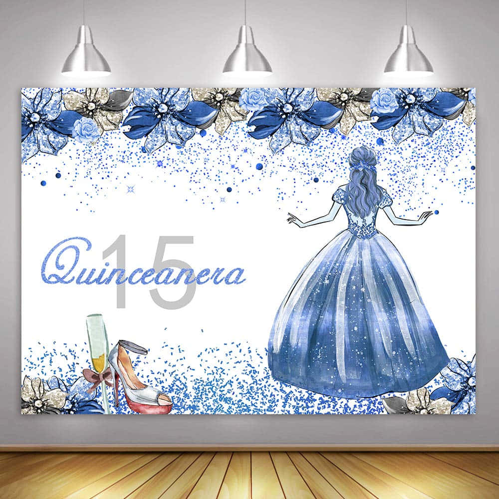 Quinceanera Party Backdrop With A Blue Dress And Flowers