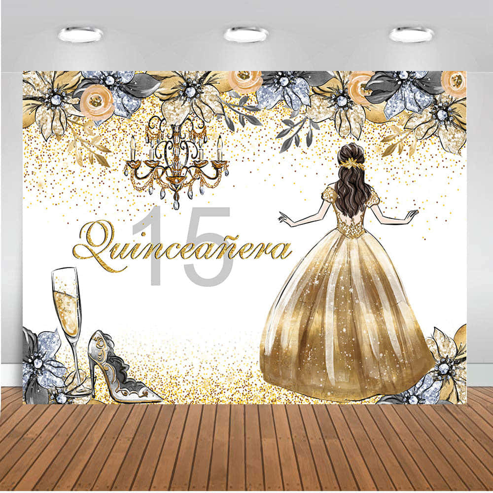 Quinceanera Party Backdrop With Gold Glitter And A Girl In A Dress