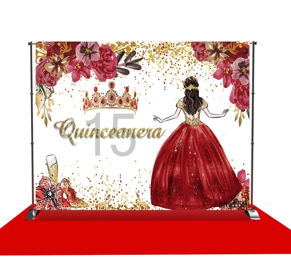 Quinceanera Backdrop With A Red Dress And Gold Flowers