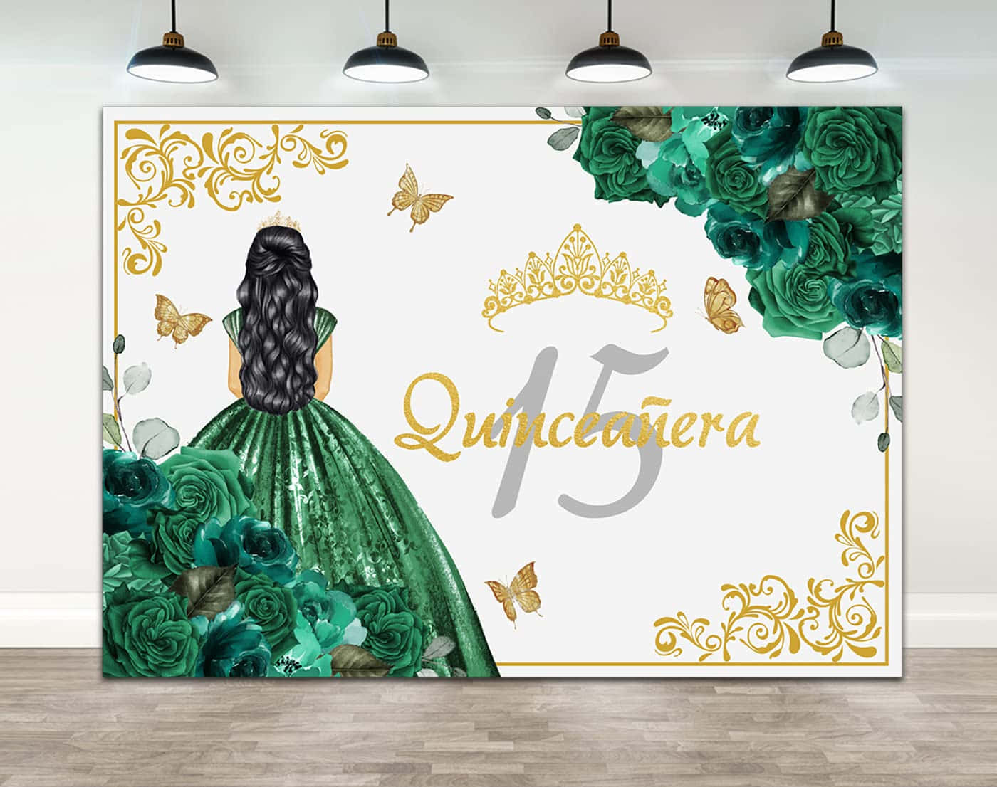 A Green And Gold Quinceanera Backdrop With A Girl In A Dress