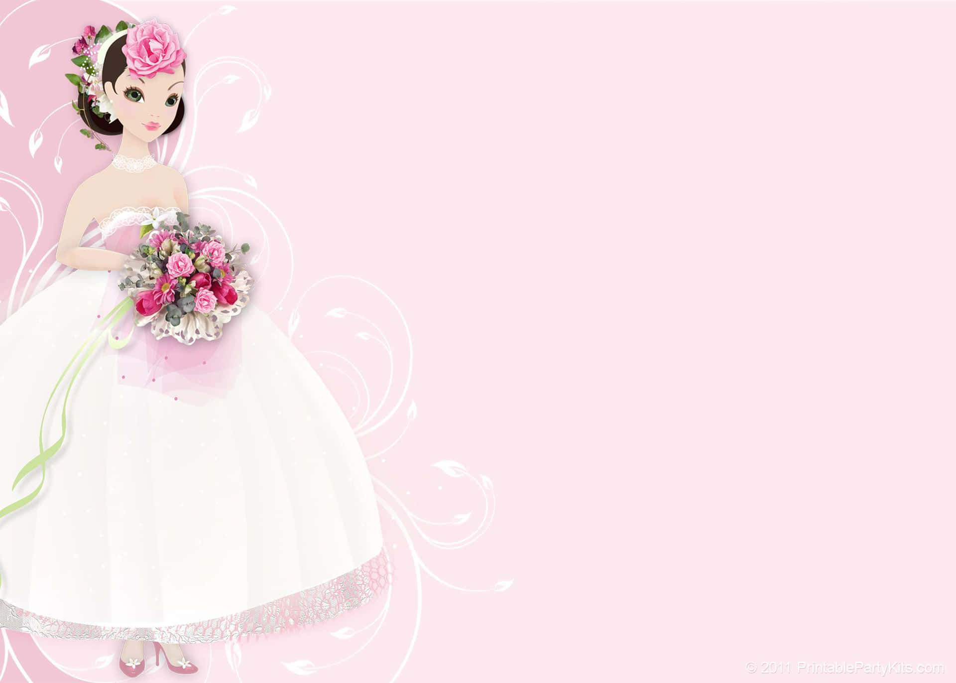 A Cartoon Bride In A Pink Dress With Flowers