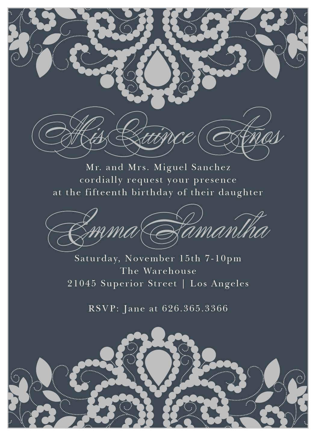 A Gray And Silver Lace Invitation With A White Border