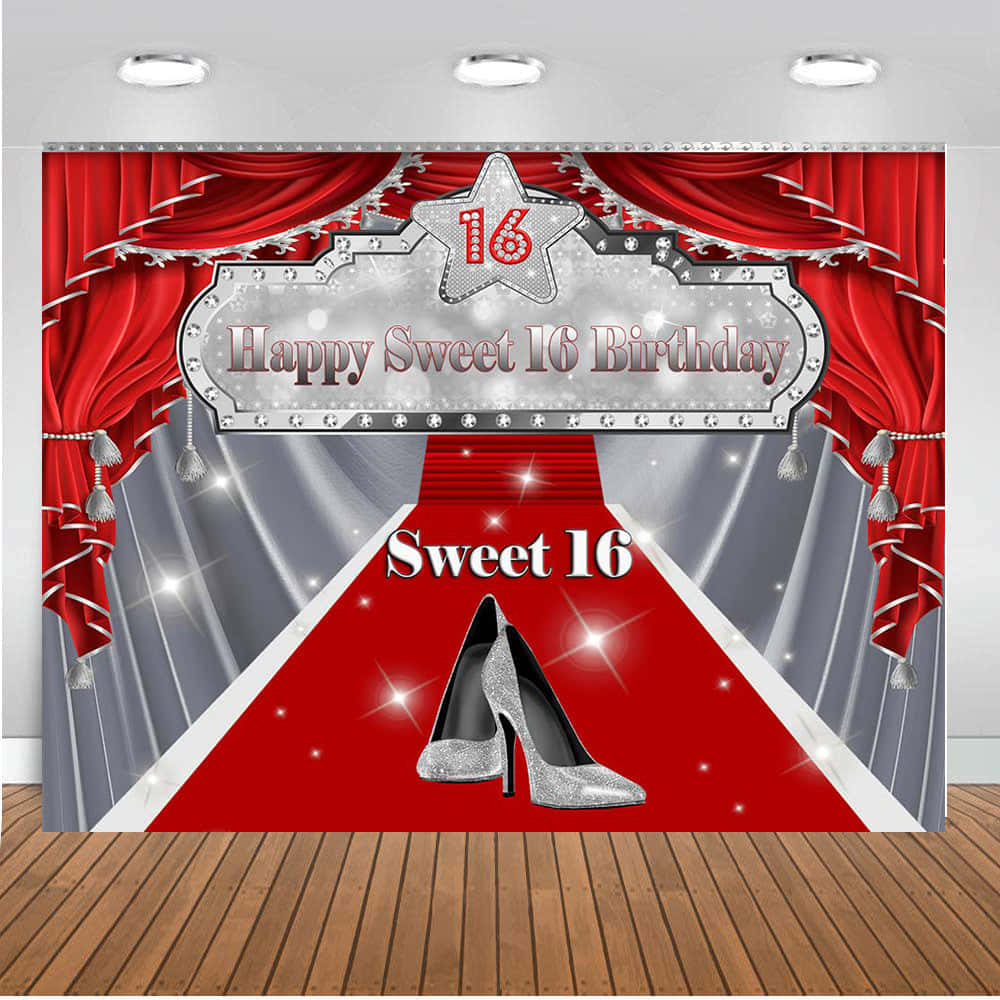 Sweet 16 Birthday Backdrop With Red Carpet And Shoes