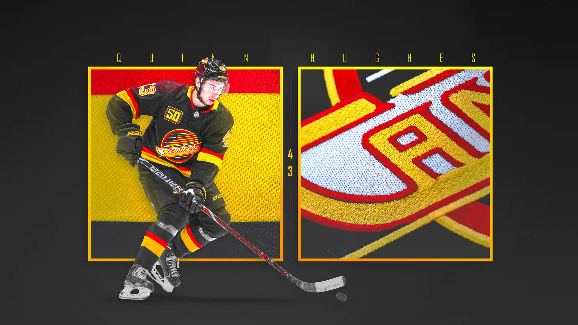 Quinnhughes Regateando El Disco De Hockey Y La Caja Con El Logo Del Equipo. Fondo de pantalla