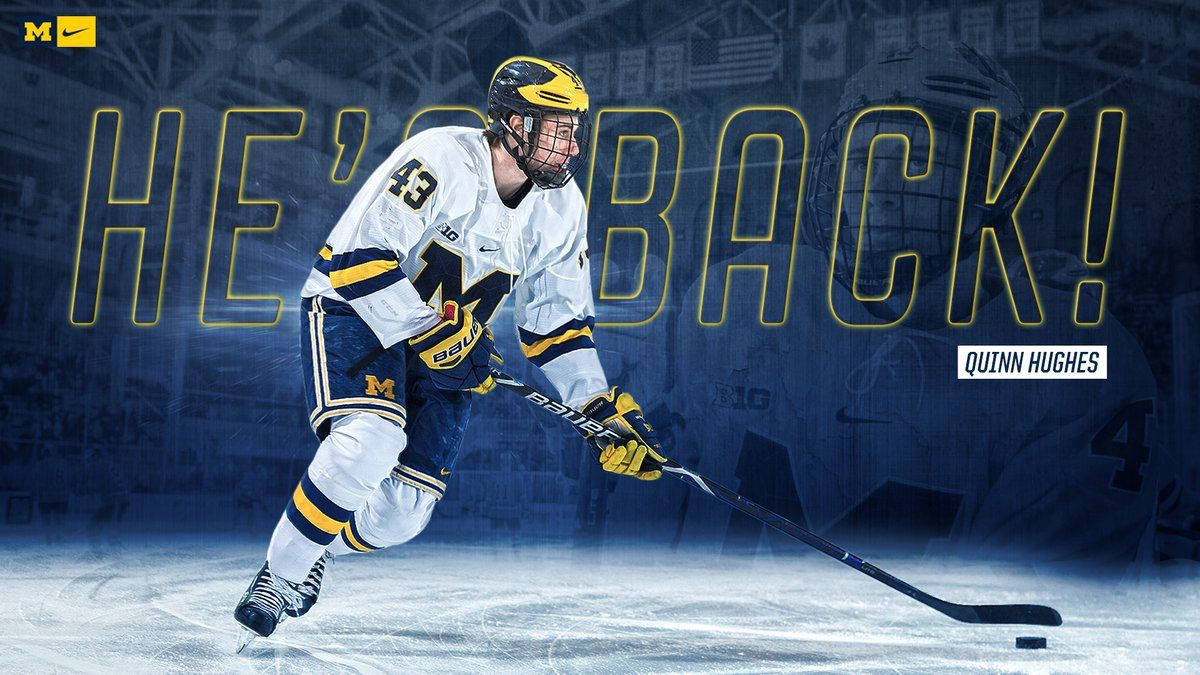 Quinn Hughes Dribbling Hockey Puck With Quote And Faded Background Wallpaper