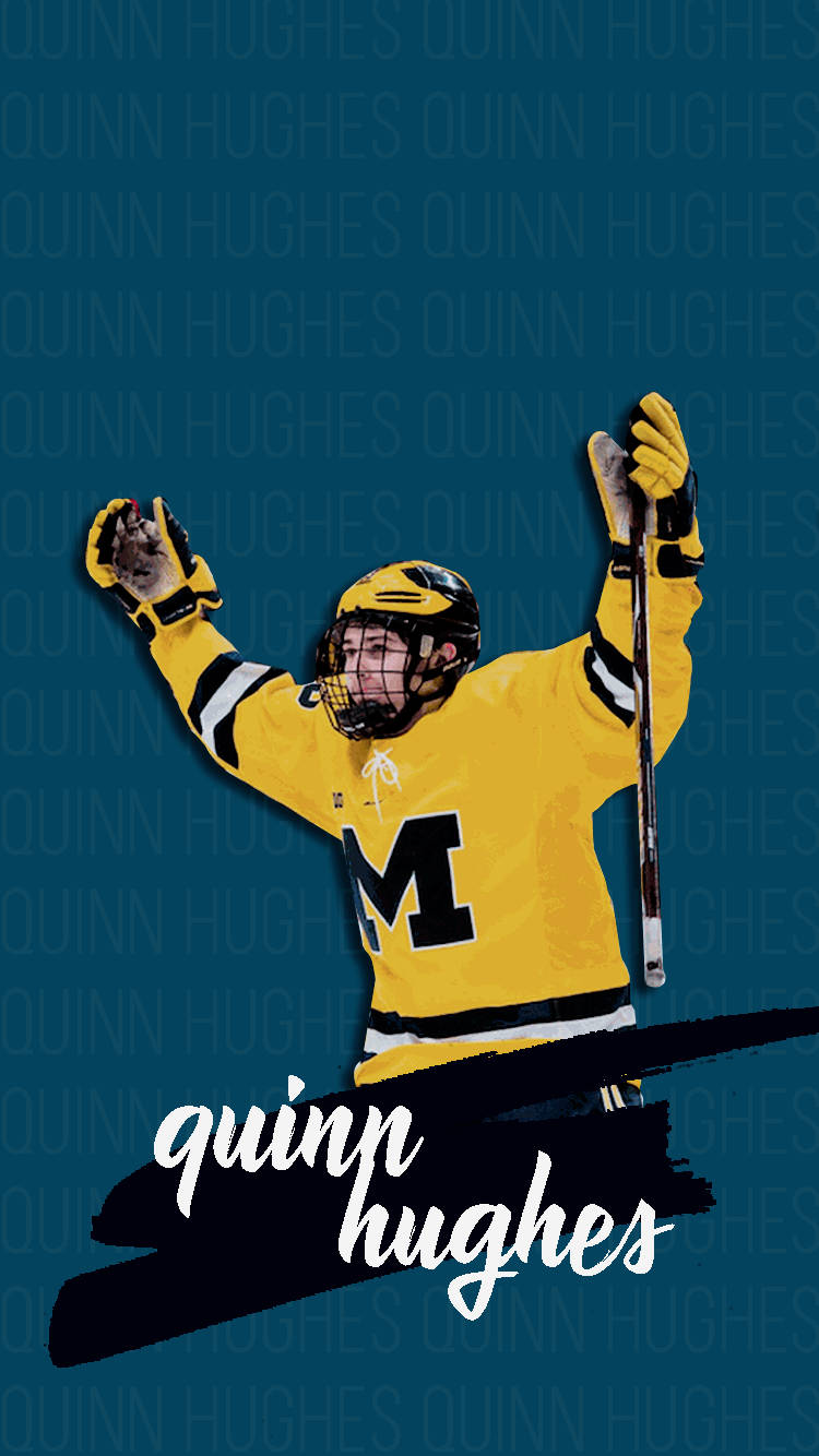 Quinn Hughes holder hockey stokken og begge hænder i luften Wallpaper