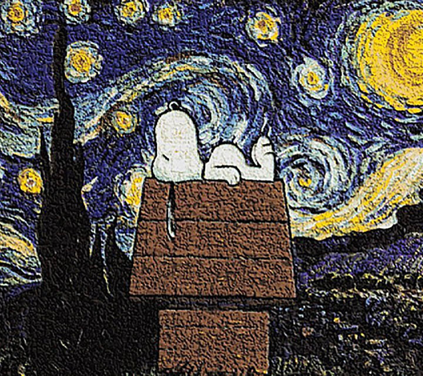 Sjove Snoopy Van Gogh Starry Night Moon Scene Wallpaper