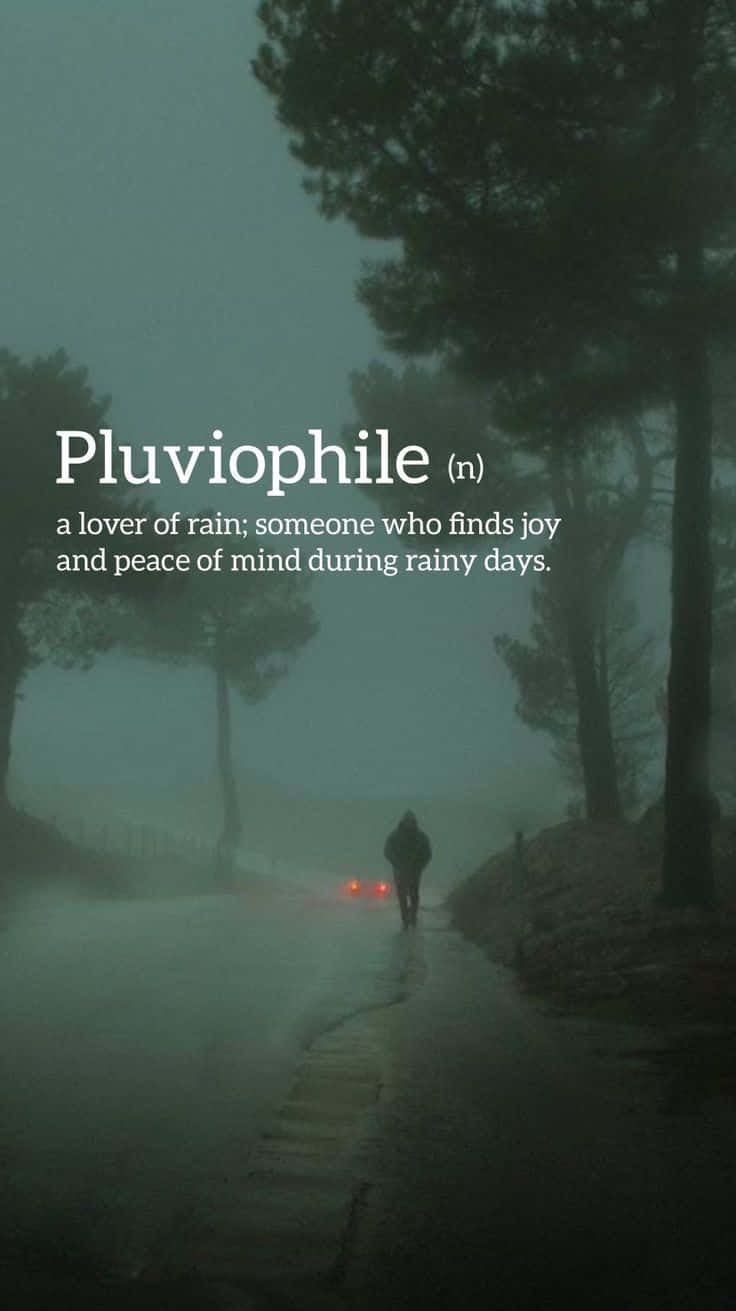 A Man Walking Down A Street With The Words Pluvophile Wallpaper