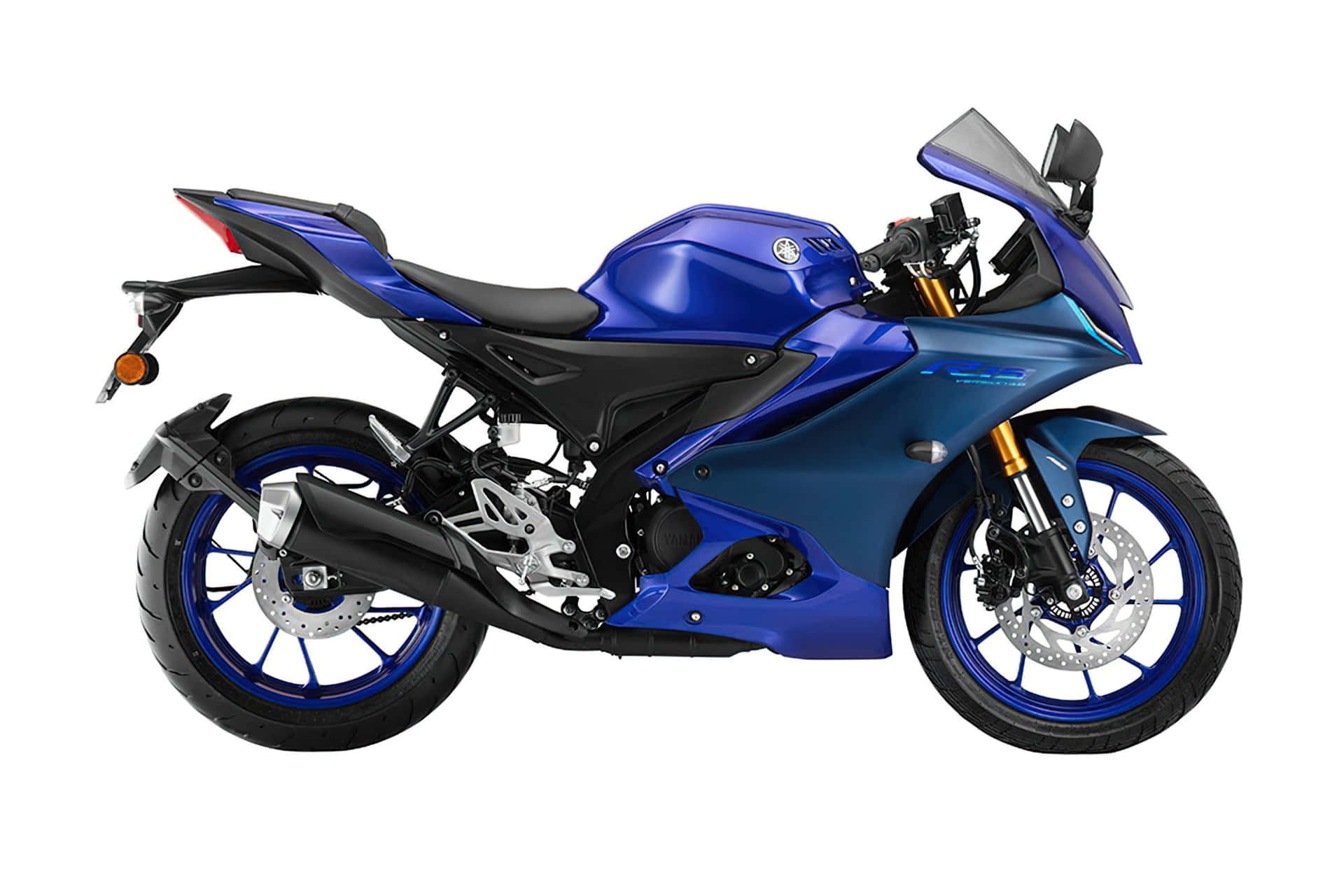 A Blue Motorcycle Is Shown Against A White Background