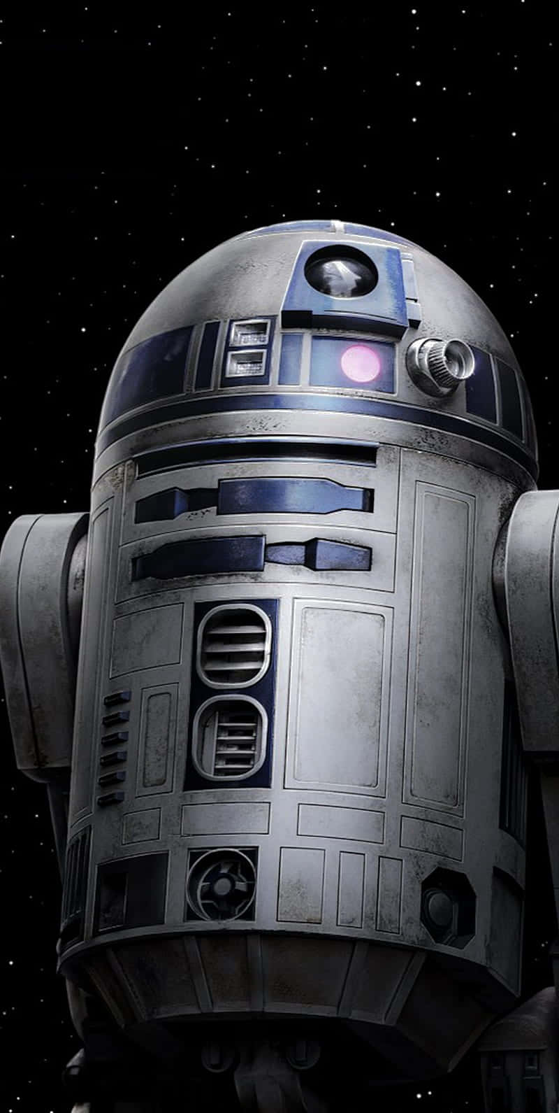 R2D2, den ikoniske droid fra Star Wars univers, kigger ud fra denne hvide og blå tapet. Wallpaper