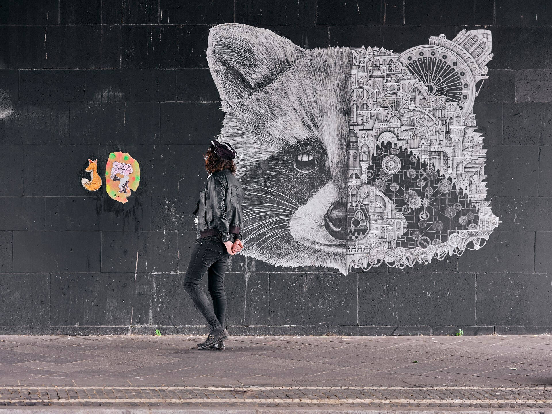 Raccoon And Woman Urban Art Wallpaper