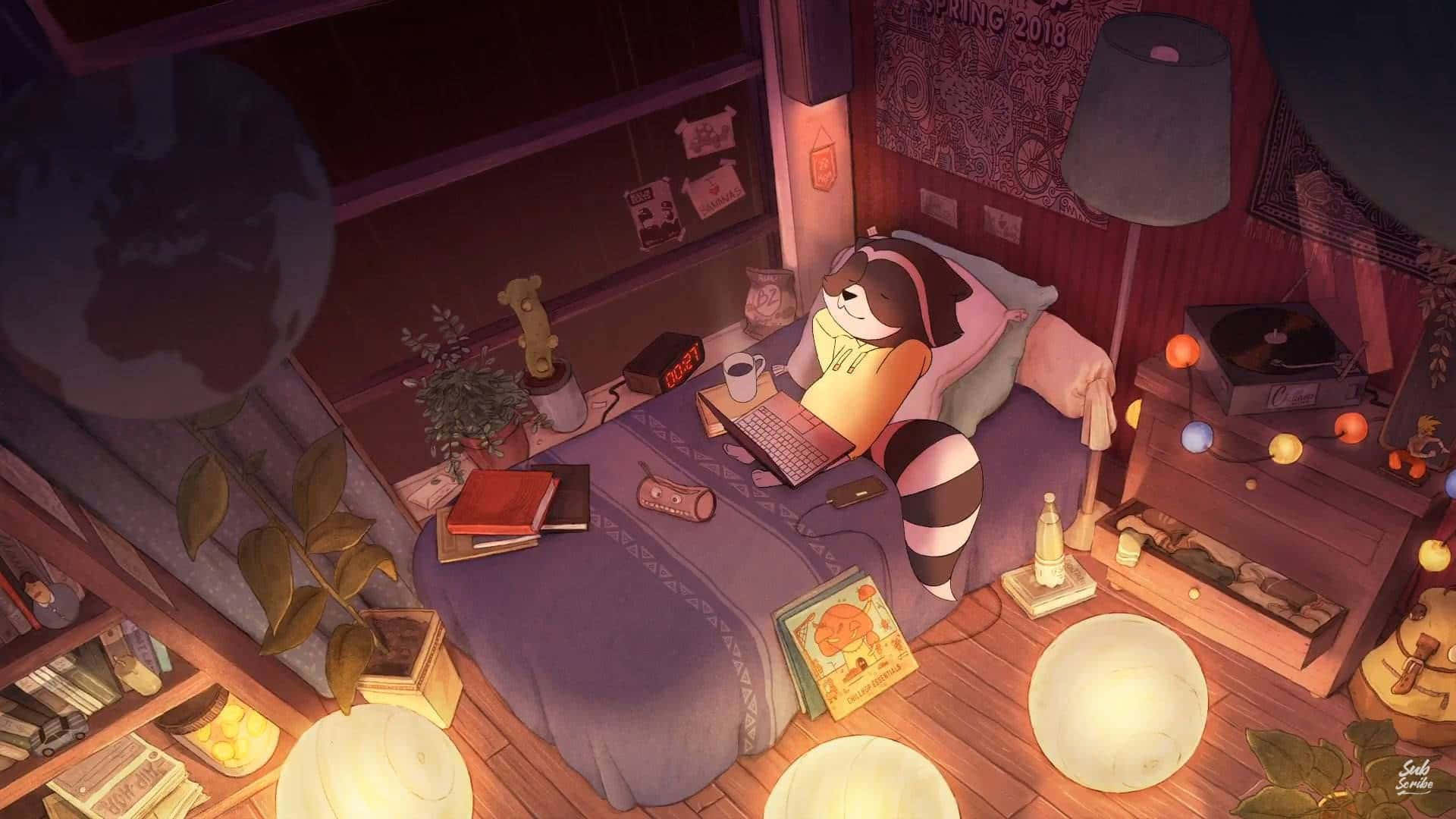 Raccoon, der slapper af i sin lofi anime room scene Wallpaper