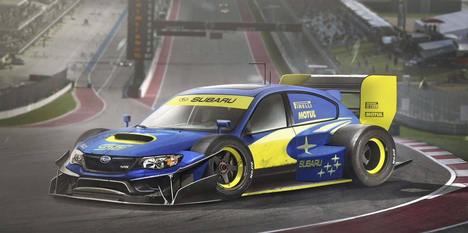 A Blue And Yellow Race Car Is Driving On A Track