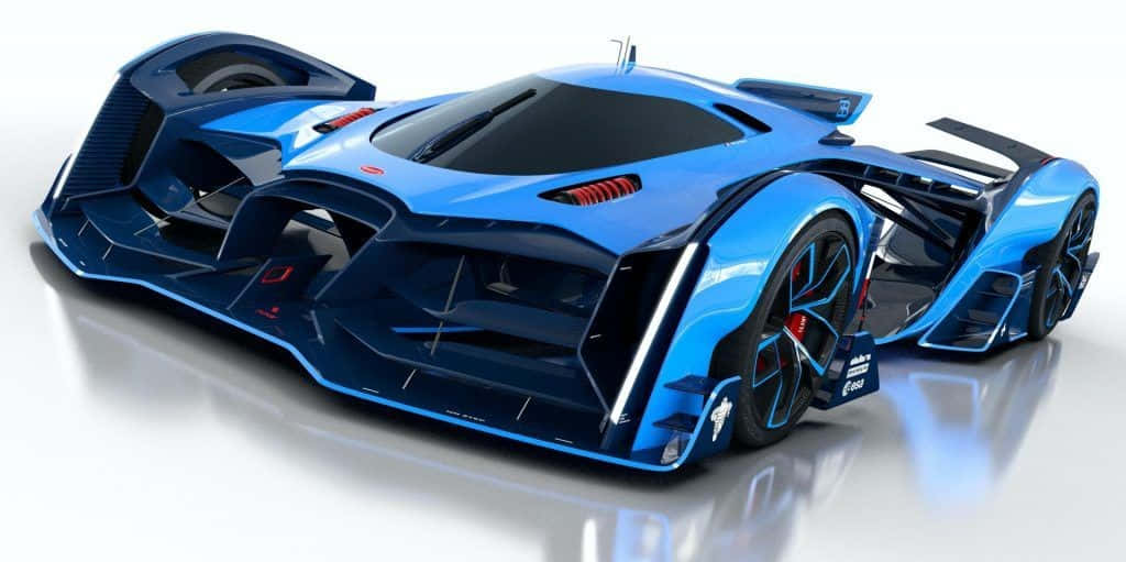 A Blue Futuristic Car On A White Surface